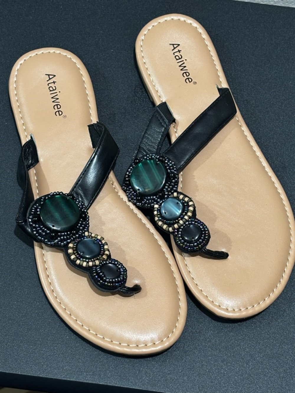 Ataiwee Black Beaded Toe-Ring Sandals with Green Accents